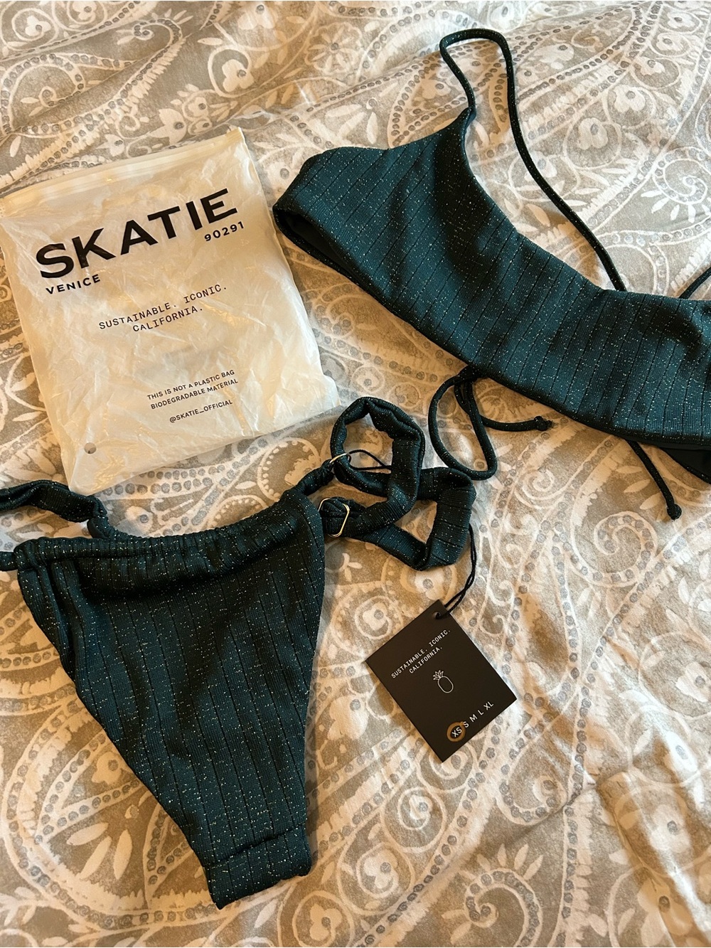 Skatie Dark Green Sparkle Ribbed Bandeau Bikini